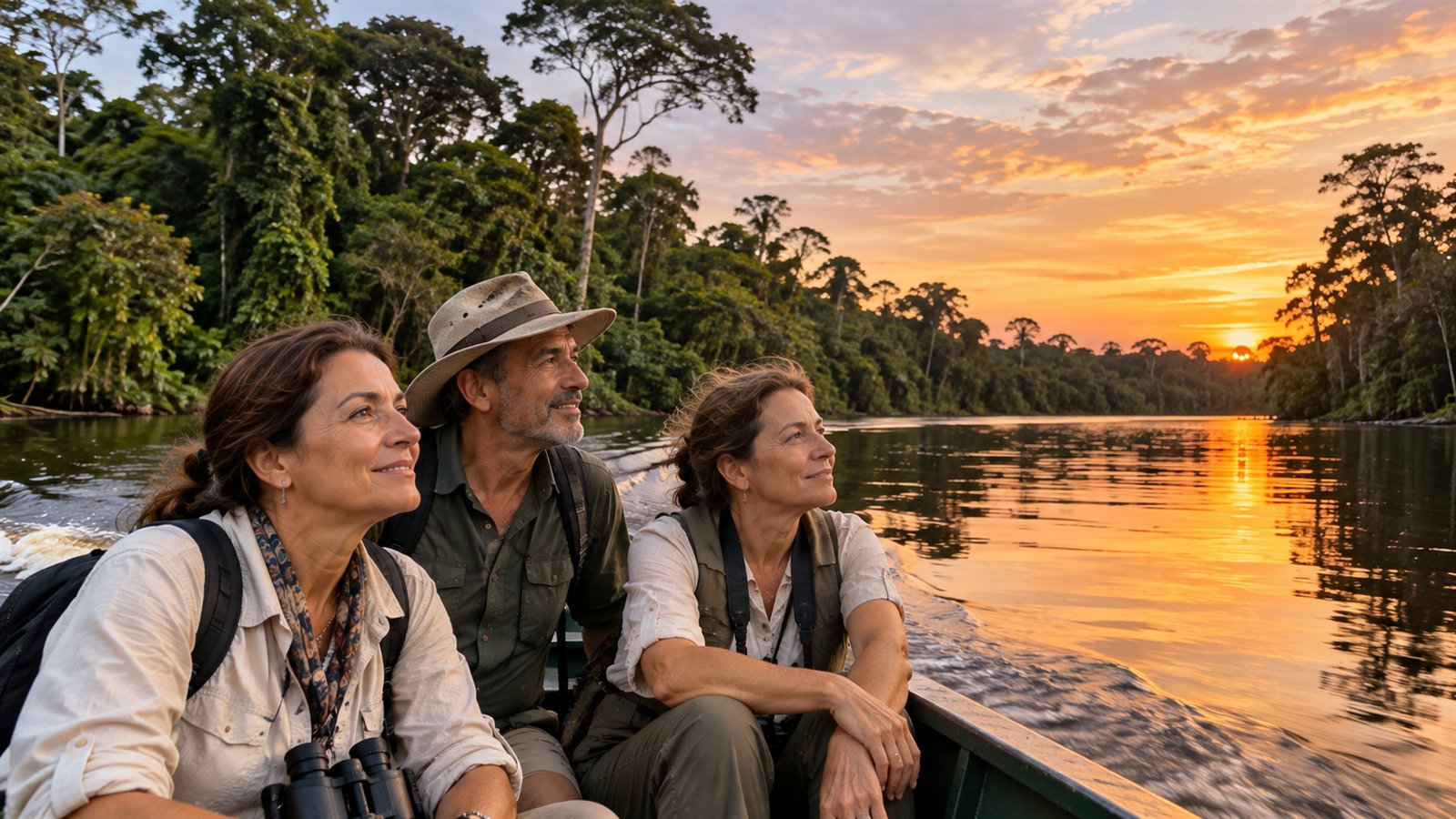 Viajeros navegando el río Amazonas al atardecer